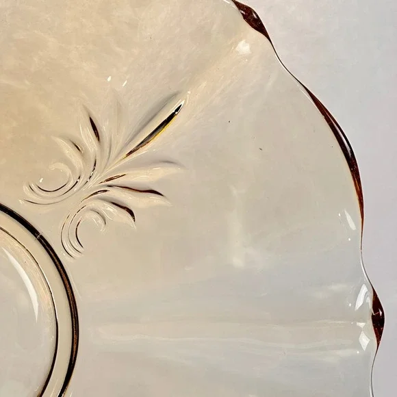 Vintage Amber Glass Scalloped Edge Dessert Cake‎ Stand Tray Floral Etched Topaz - Picture 10 of 16